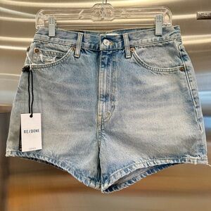 NWT Re/Done Denim Shorts The Midi Short in Ripped Tide Light Wash